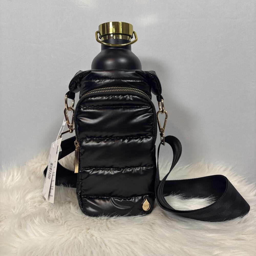 Wanderfull Hydrobag with 34oz Water Bottle Black Shiny Puffer Bag Gold Hardware